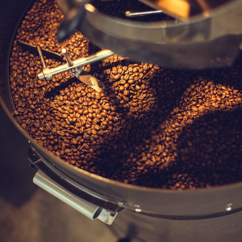 Caffè Motta Kaffeebohnen frisch geröstet in einer professionellen Rösttrommel – handwerkliche Röstung